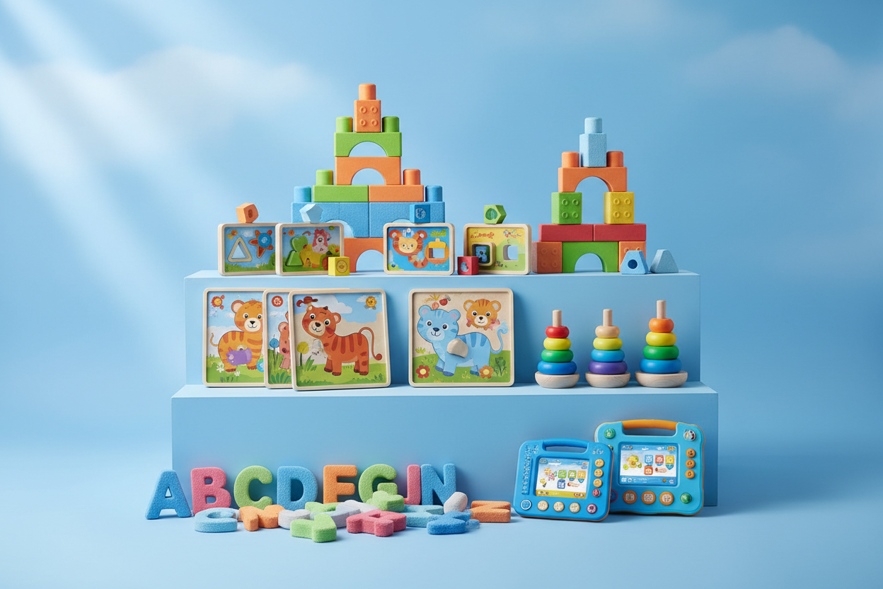 TODDLER LEARNING TOY SHOP IMAGE POSTER.THEME COLOUR: SKY BLUE, NO TEXT, ASPECT RATIO 3:2